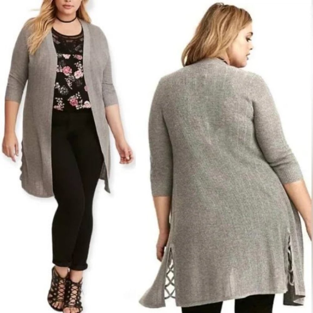 Torrid Gray Ribbed Knit Lattice Detail Long Cardigan
